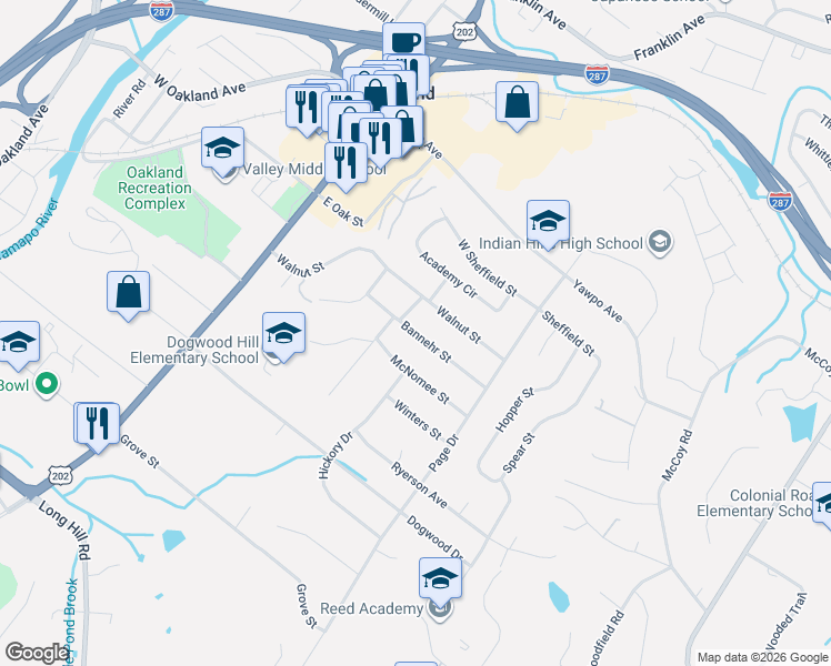 map of restaurants, bars, coffee shops, grocery stores, and more near 24 Bannehr Street in Oakland