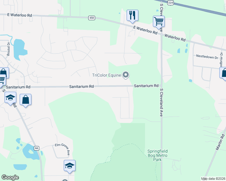 map of restaurants, bars, coffee shops, grocery stores, and more near 1341 Royal Fern Drive in Akron