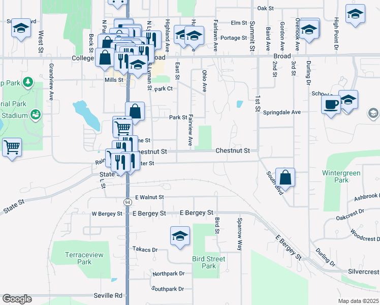 map of restaurants, bars, coffee shops, grocery stores, and more near 242 Water Street in Wadsworth