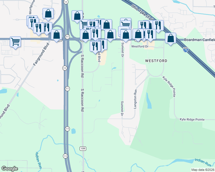 map of restaurants, bars, coffee shops, grocery stores, and more near 6847 Strawberry Fields in Canfield