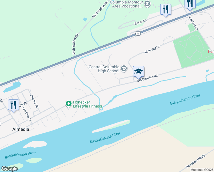 map of restaurants, bars, coffee shops, grocery stores, and more near 1113 Old Berwick Rd in Bloomsburg