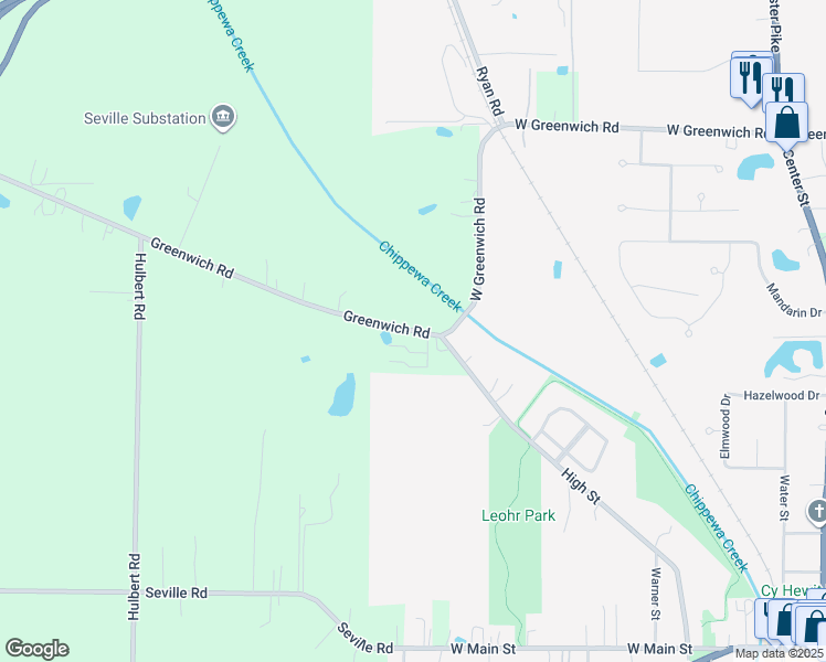 map of restaurants, bars, coffee shops, grocery stores, and more near 5222 Greenwich Road in Seville