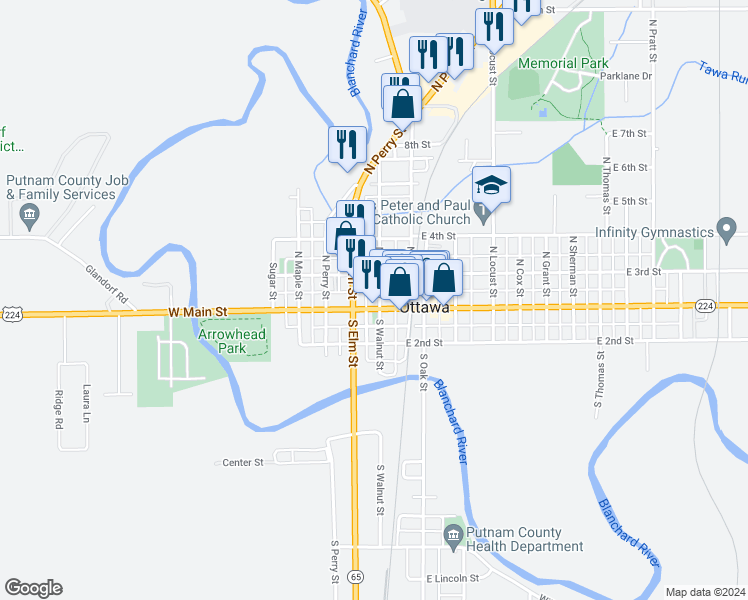map of restaurants, bars, coffee shops, grocery stores, and more near 206 West Main Street in Ottawa