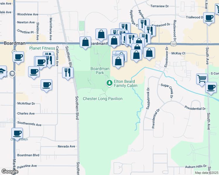 map of restaurants, bars, coffee shops, grocery stores, and more near 375 Boardman Poland Road in Youngstown