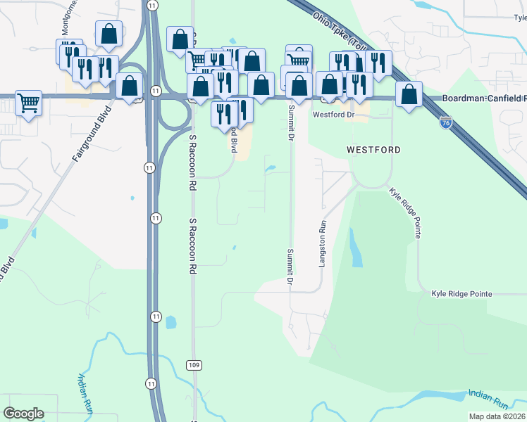map of restaurants, bars, coffee shops, grocery stores, and more near 6847 Strawberry Fields in Canfield