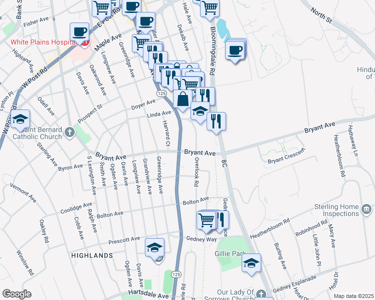 map of restaurants, bars, coffee shops, grocery stores, and more near 90 Bryant Avenue in White Plains