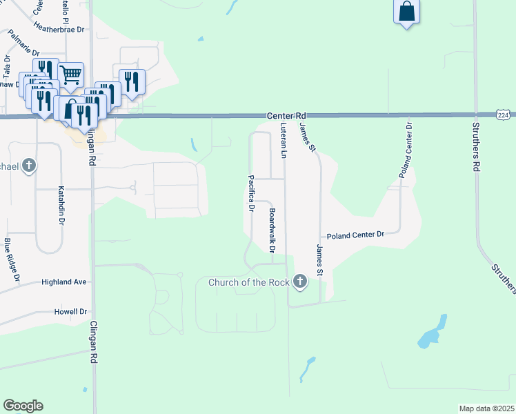 map of restaurants, bars, coffee shops, grocery stores, and more near 6784 Pacifica Drive in Youngstown