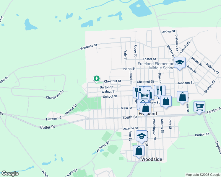 map of restaurants, bars, coffee shops, grocery stores, and more near 1118 Burton Street in Freeland
