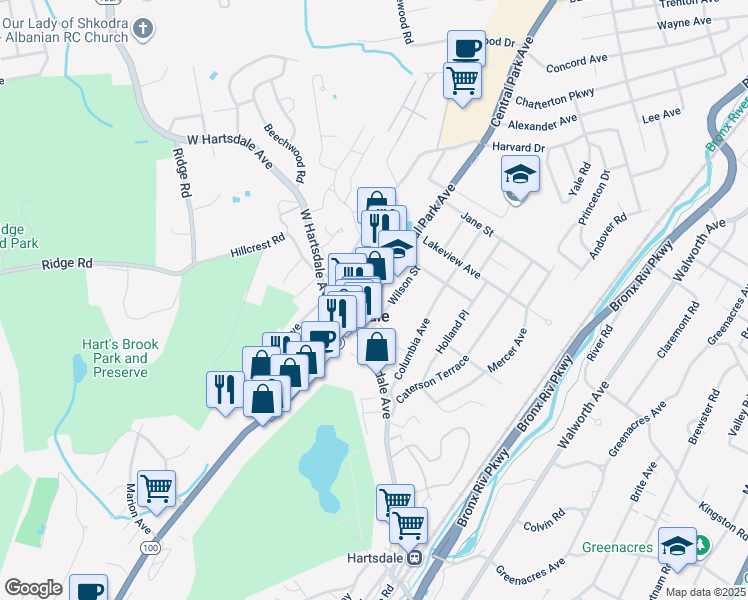 map of restaurants, bars, coffee shops, grocery stores, and more near 26 Central Park Avenue in Hartsdale