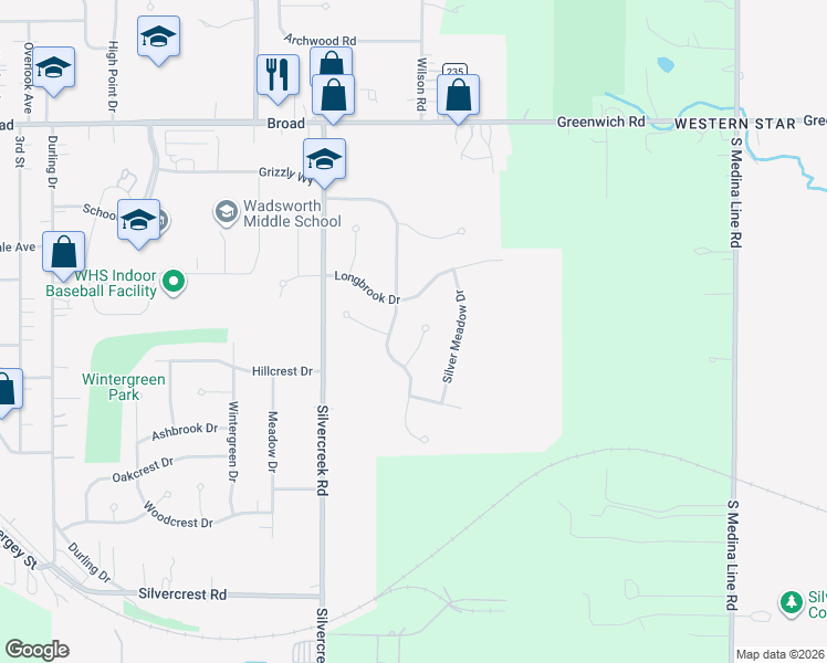 map of restaurants, bars, coffee shops, grocery stores, and more near 310 Wintercreek Circle in Wadsworth