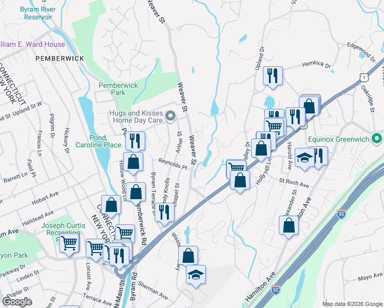 map of restaurants, bars, coffee shops, grocery stores, and more near 52 Weaver Street in Greenwich