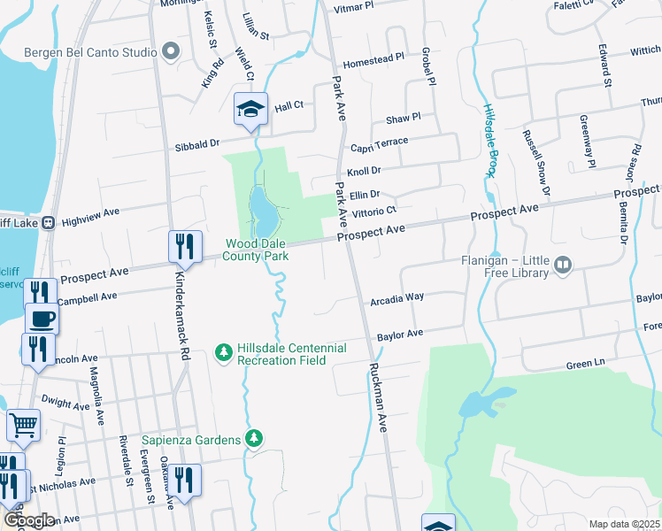 map of restaurants, bars, coffee shops, grocery stores, and more near 9 Kings Court in Woodcliff Lake