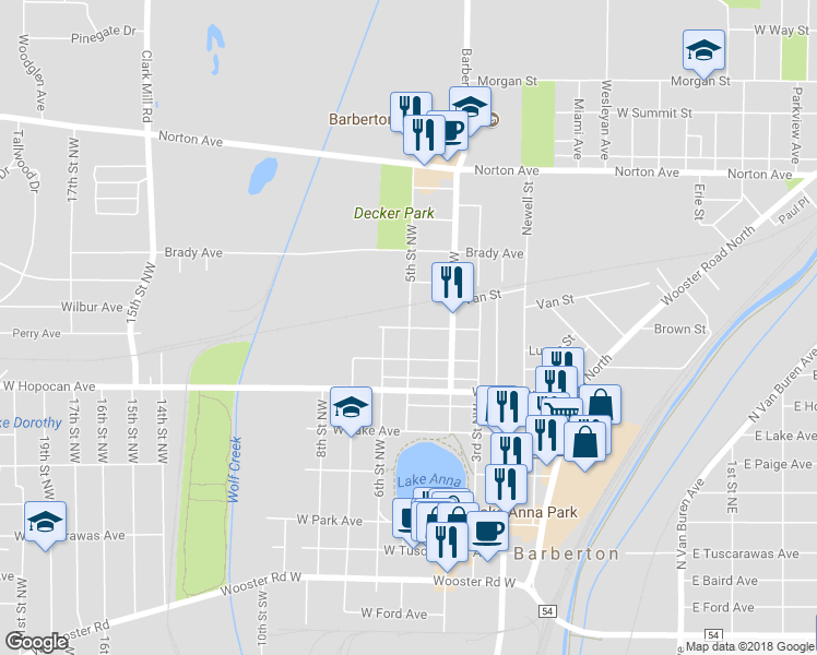 map of restaurants, bars, coffee shops, grocery stores, and more near 330 5th Street Northwest in Barberton