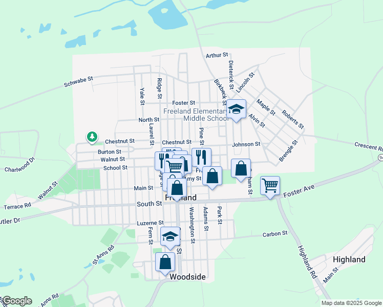 map of restaurants, bars, coffee shops, grocery stores, and more near 625 Walnut Street in Freeland