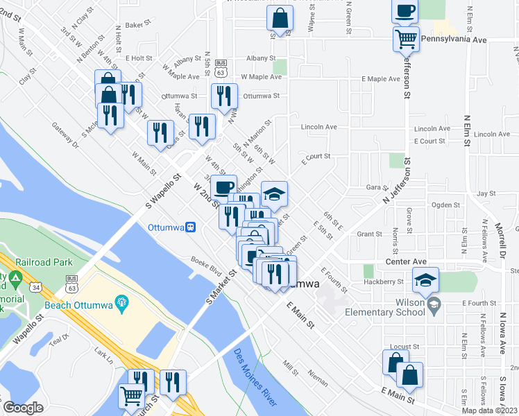 map of restaurants, bars, coffee shops, grocery stores, and more near 103 4th St E in Ottumwa