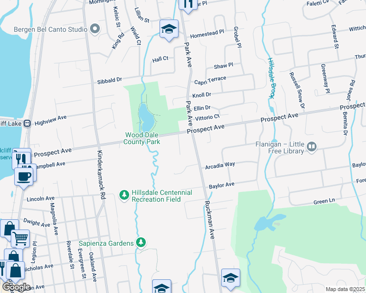 map of restaurants, bars, coffee shops, grocery stores, and more near 9 Kings Court in Woodcliff Lake