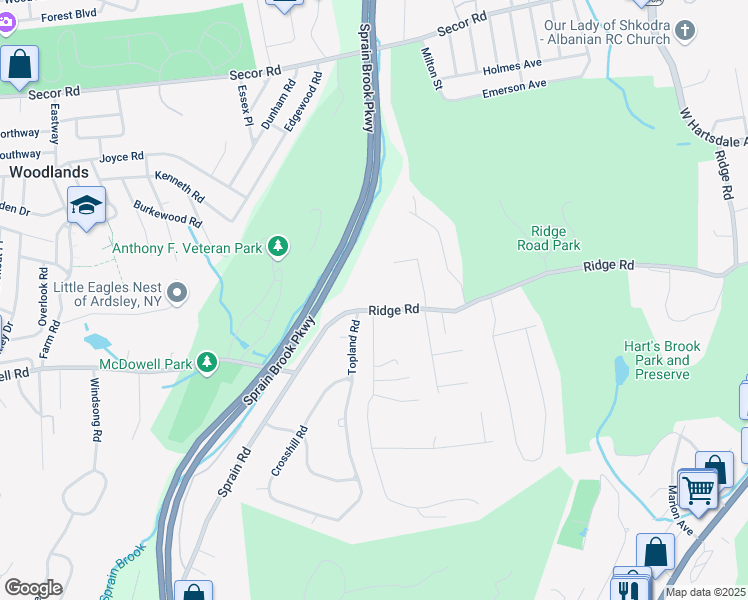 map of restaurants, bars, coffee shops, grocery stores, and more near 1 Topland Road in Hartsdale