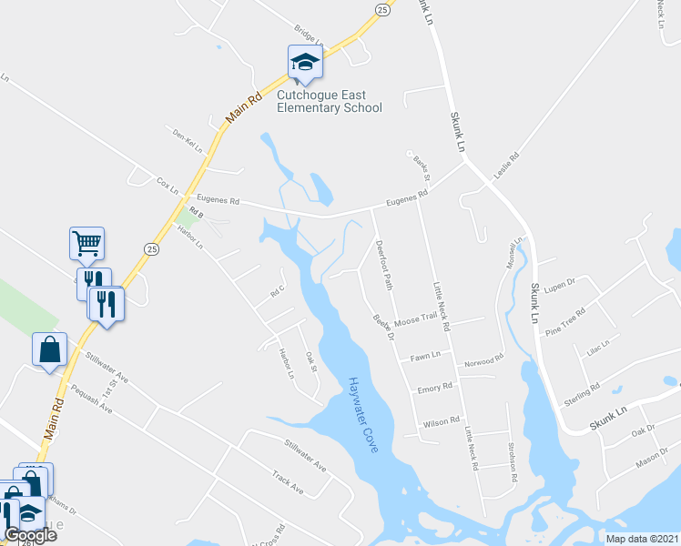 map of restaurants, bars, coffee shops, grocery stores, and more near 130 Antler Lane in Cutchogue