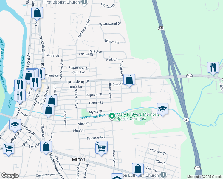 map of restaurants, bars, coffee shops, grocery stores, and more near 558 Hepburn Street in Milton