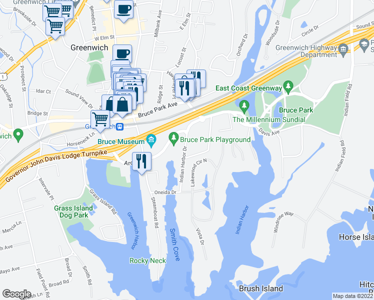 map of restaurants, bars, coffee shops, grocery stores, and more near 77 Indian Harbor Drive in Greenwich