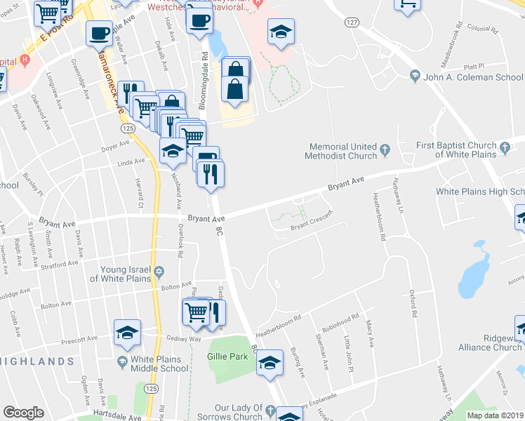 map of restaurants, bars, coffee shops, grocery stores, and more near 3 Bryant Crescent in White Plains