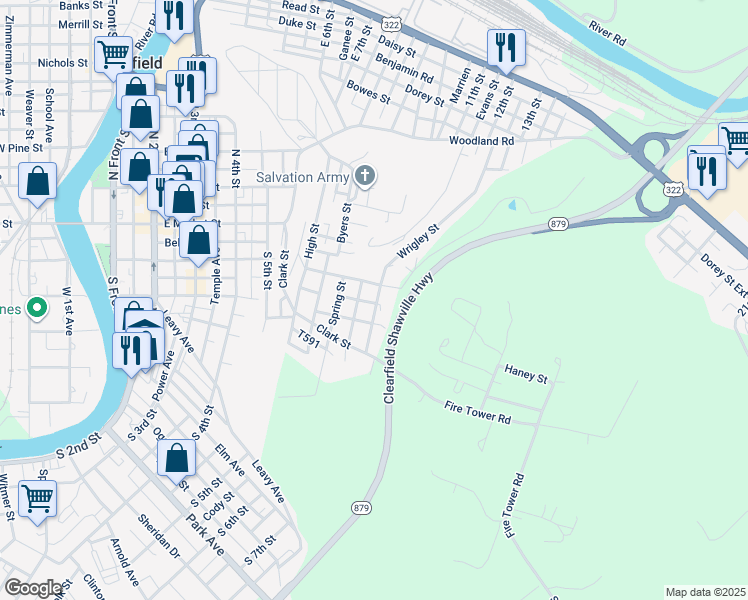 map of restaurants, bars, coffee shops, grocery stores, and more near 123 Wrigley Street in Clearfield