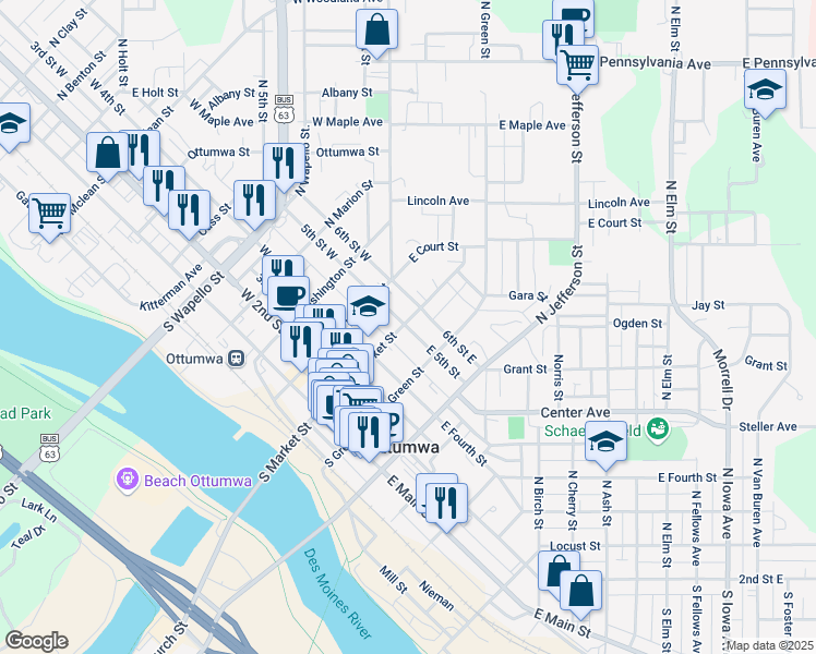 map of restaurants, bars, coffee shops, grocery stores, and more near 205 East 5th Street in Ottumwa