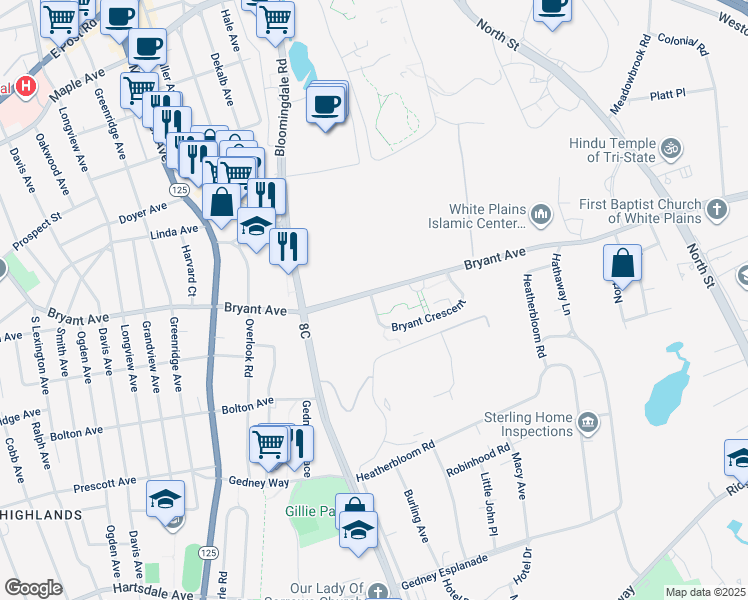 map of restaurants, bars, coffee shops, grocery stores, and more near 3 Bryant Crescent in White Plains