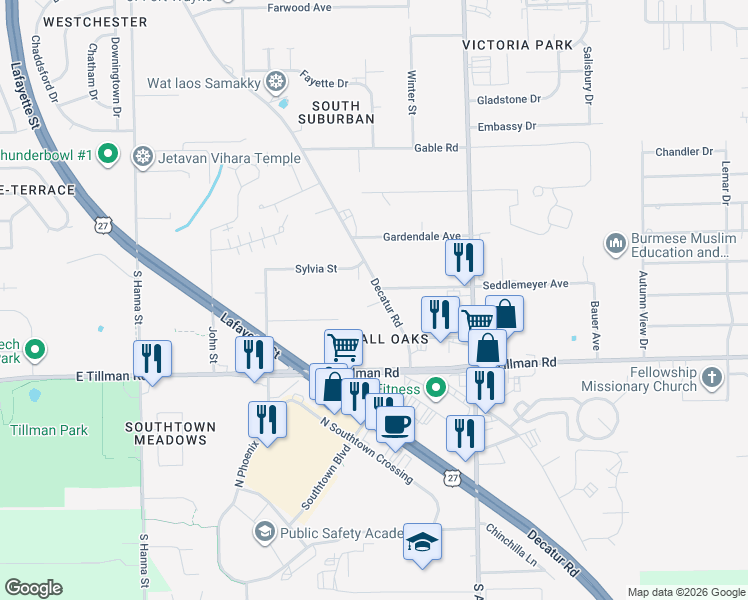 map of restaurants, bars, coffee shops, grocery stores, and more near 7112 Decatur Road in Fort Wayne