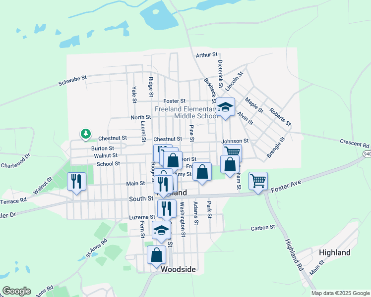 map of restaurants, bars, coffee shops, grocery stores, and more near 625 Walnut Street in Freeland