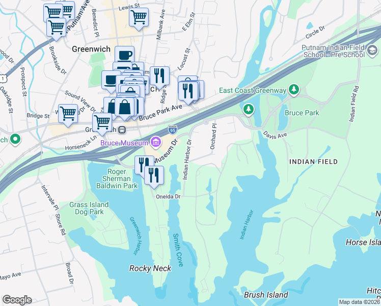 map of restaurants, bars, coffee shops, grocery stores, and more near 63 Indian Harbor Drive in Greenwich