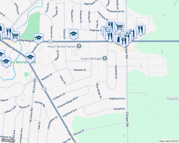 map of restaurants, bars, coffee shops, grocery stores, and more near 239 Edna Street in Poland