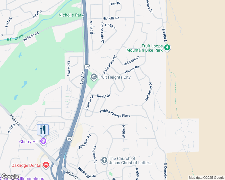 map of restaurants, bars, coffee shops, grocery stores, and more near 1179 Daniel Drive in Fruit Heights