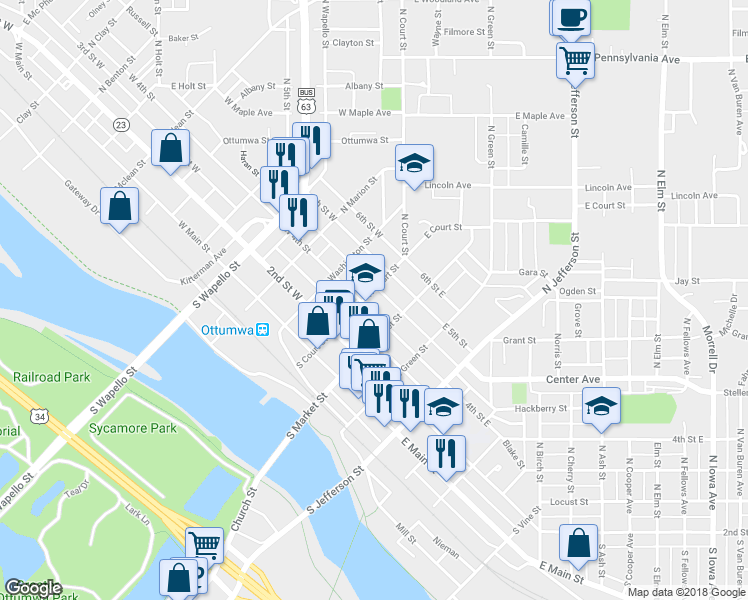 map of restaurants, bars, coffee shops, grocery stores, and more near 216 North Court Street in Ottumwa