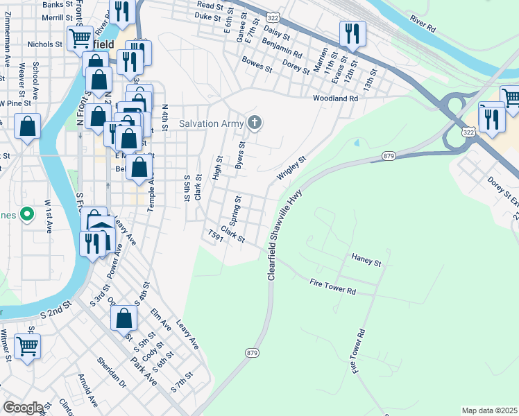 map of restaurants, bars, coffee shops, grocery stores, and more near 123 Wrigley Street in Clearfield