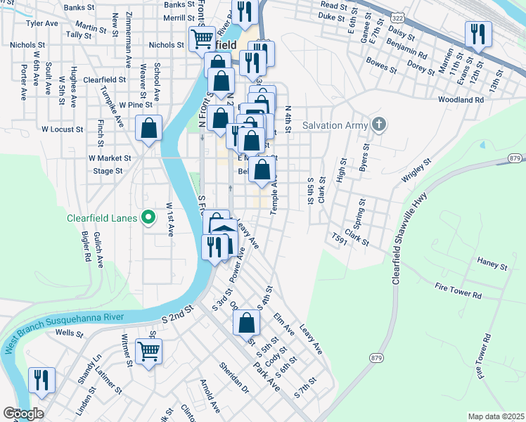 map of restaurants, bars, coffee shops, grocery stores, and more near 301 East Walnut Street in Clearfield