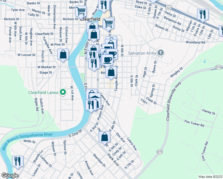 map of restaurants, bars, coffee shops, grocery stores, and more near 301 East Walnut Street in Clearfield