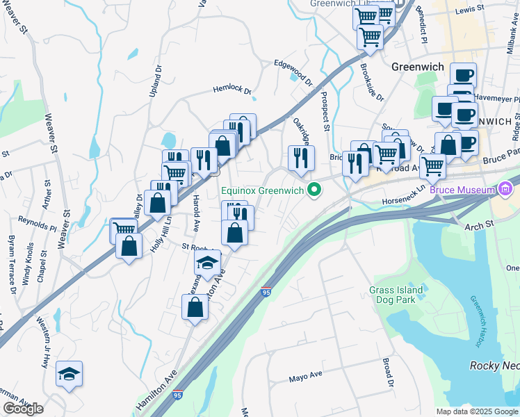 map of restaurants, bars, coffee shops, grocery stores, and more near 105 Hamilton Avenue in Greenwich