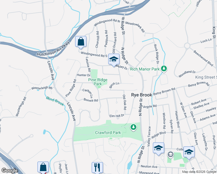 map of restaurants, bars, coffee shops, grocery stores, and more near 6 Red Roof Drive in Rye Brook