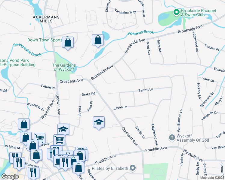 map of restaurants, bars, coffee shops, grocery stores, and more near 108 Barrett Lane in Wyckoff