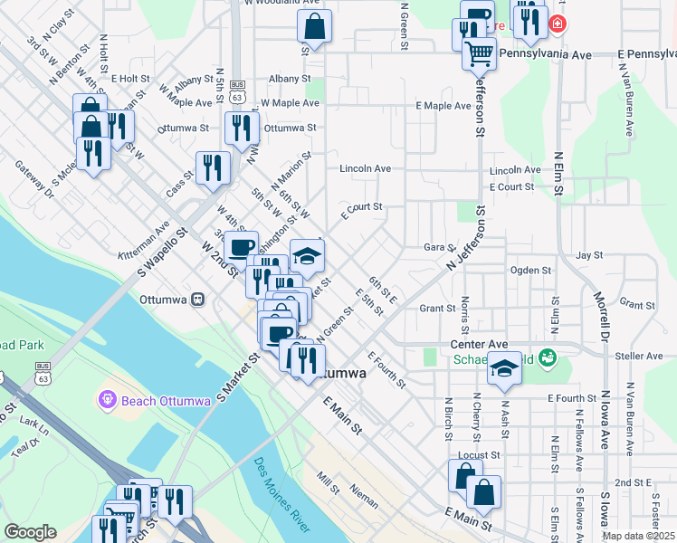 map of restaurants, bars, coffee shops, grocery stores, and more near 205 East 5th Street in Ottumwa