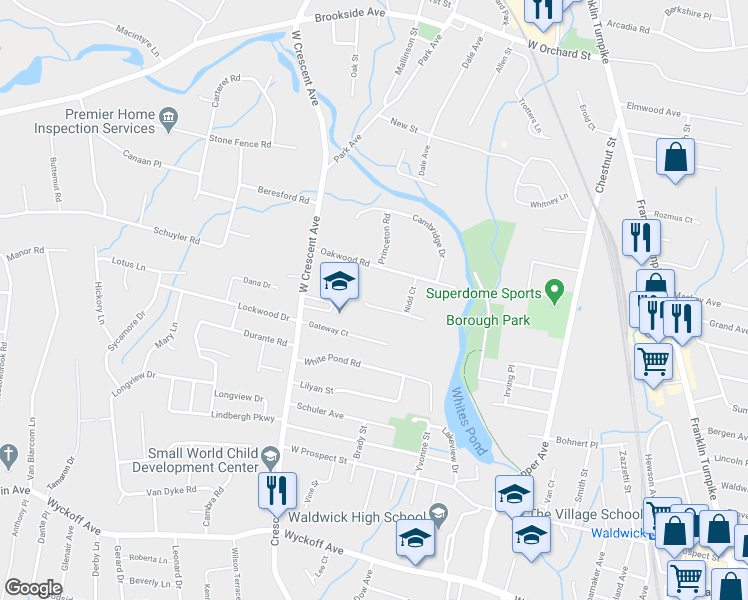 map of restaurants, bars, coffee shops, grocery stores, and more near 62 Burtwood Court in Allendale