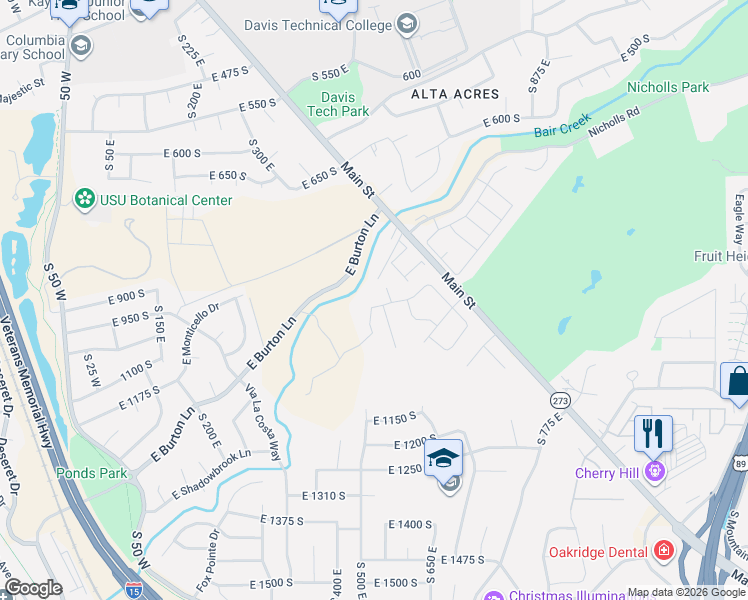 map of restaurants, bars, coffee shops, grocery stores, and more near E Street in Kaysville