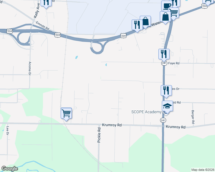 map of restaurants, bars, coffee shops, grocery stores, and more near 1566 Woods Road in Akron