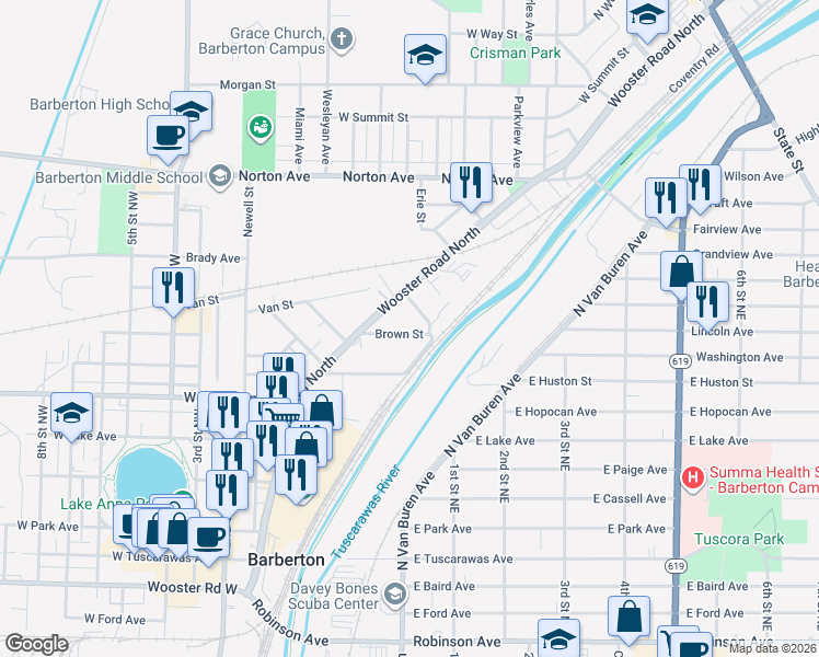 map of restaurants, bars, coffee shops, grocery stores, and more near 24 Brown Street in Barberton