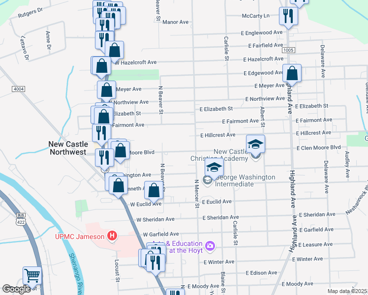 map of restaurants, bars, coffee shops, grocery stores, and more near 10 West Clen Moore Boulevard in New Castle