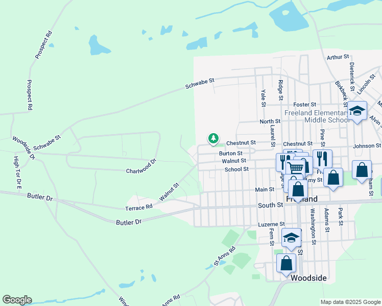 map of restaurants, bars, coffee shops, grocery stores, and more near 7 Pershing Street in Freeland