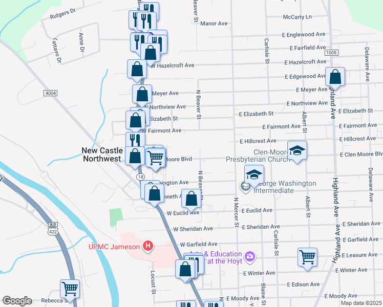 map of restaurants, bars, coffee shops, grocery stores, and more near 22 West Clen Moore Boulevard in New Castle