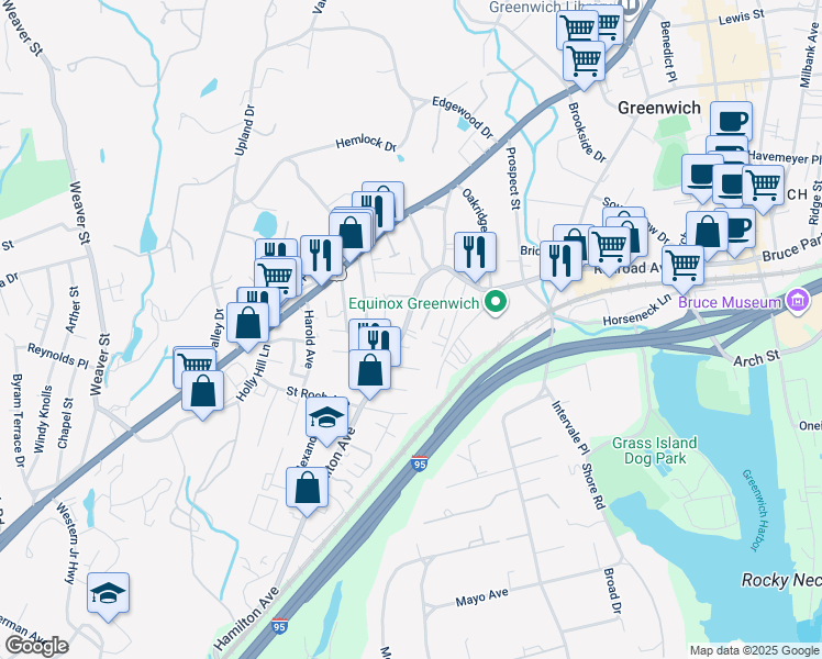 map of restaurants, bars, coffee shops, grocery stores, and more near 155 Hamilton Avenue in Greenwich