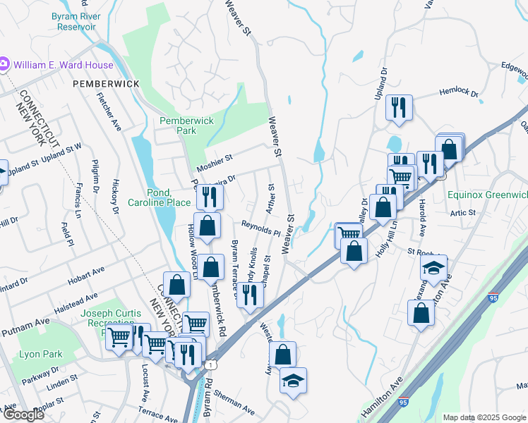 map of restaurants, bars, coffee shops, grocery stores, and more near 17 Reynolds Place in Greenwich